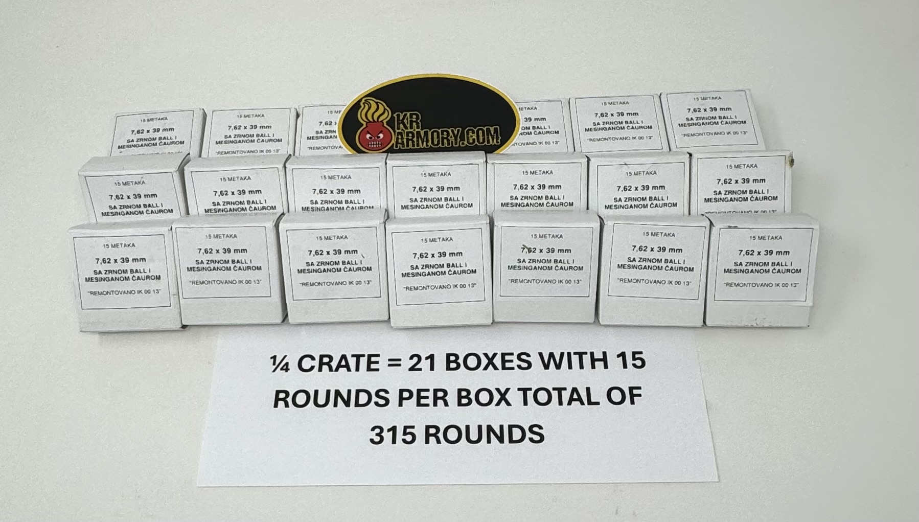 IGMAN 7.62 x 39mm 124 gr. FMJ M67 Ball, NON-CORROSIVE Brass Case, Berdan Primed SURPLUS 1/4 Crate 315 Rounds Hand packed - 21 boxes with 15 rounds per box